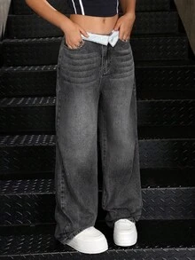 SHEIN 女童宽松蓝色撞色领牛仔裤 - 黑色 - 查看 2