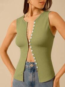 CAJUNI 女士休闲罗纹针织橄榄绿毛衣 - 綠色 - 查看 1