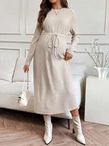 SHEIN Robe de maternité décontractée, mode minimaliste, avec taille cintrée et manches longues - Noir - Voir 5