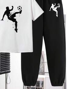 SHEIN Tween Boy Casual Football & Letter Print Short Sleeve Top And Pants 2 Pieces Set, Sports & Street Style, Suitable For Summer - Black and White - View 4