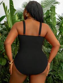 Slaydiva Plus Size Women One-Piece Solid Color Slimming Fashionable Casual Vacation Beach Swimsuit - Black - View 2