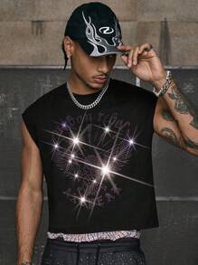 AXEPEAK Camiseta de tirantes con decoración de rhinestones para hombre, de verano - Rojo violeta - Ver 4
