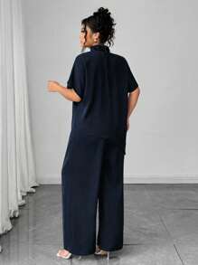 Elenzga Plus Mock Neck Asymmetrical Hem Top & Wide Leg Pants - Navy Blue - View 2