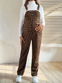 SHEIN Leopard-Muster Jumpsuit für schwangere Frauen, lässig und locker, ärmellos - Khaki - Übersicht 3
