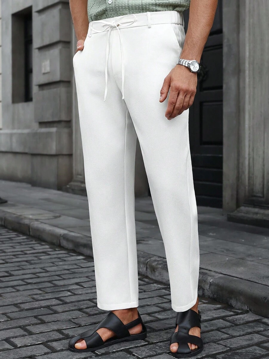 Manfinity CasualCool 男士纯色抽绳腰休闲直筒裤 - 白色 - 查看 1