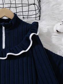 SHEIN Explorewe Baby Girl Ribbed Texture Color Block Ruffle Splice Zipper Stand Collar Casual Sports Suit Fall Winter - Royal Blue - View 6