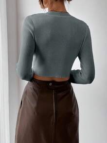 RosyDaze Crew Neck Fitted Elegant Office Wear Long Sleeve Sweater Fall Winter Cloth For Women - Dark Grey - View 2