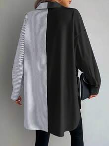 SHEIN LUNE 女式休闲拼色条纹不对称下摆衬衫，春秋季女式衬衫 - 彩色 - 查看 2