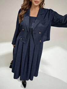 Auralis Plus Size Women's Navy Blue Summer Elegant Semi Formal Suit Set,Long-Sleeved Jacket & Suspender Dress,Business Casual Work Wear Office Fall Outfits - Blue - View 5