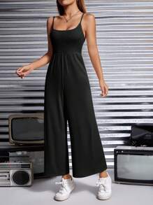 SHEIN PETITE 纯色露背吊带背心夏季女式黑色连体裤