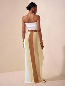 Zivah 2025新款夏季休闲度假日常约会沙滩装欧美街头风辣妹性感抹胸露脐修身针织白背心+长款半身包臀裙橘色卡其色酒红色白条纹毛呢长裙女士毛衣两件套女2件套夏装秋冬 - 彩色 - 查看 2