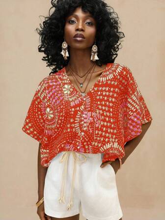 Vesra 女士 V 领蝙蝠袖印花休闲宽松度假衬衫