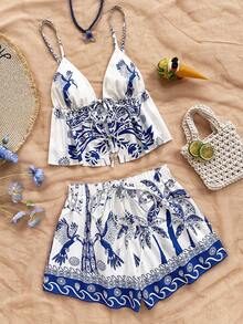 Soleia Bộ 2 áo hai dây buộc phía trước và quần short họa tiết hoa dành cho nữ, đi nghỉ - Xanh và trắng - Xem 6
