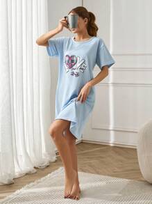 EURMUSE Woımen Contrast Colour Slogan Printed Basic Short Sleeve Sleepdress - Baby Blue - View 6