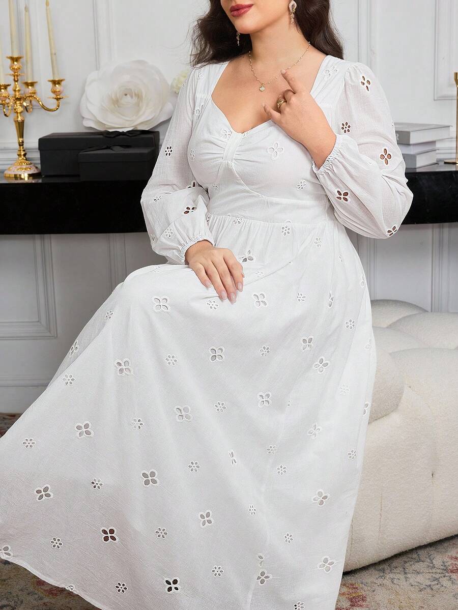 Modelyn Plus Size Women Hollow Embroidered Solid Color Slimming Elegant Dress Fall Cloth For Women - White - View 1