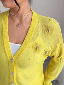 Elenzga Cárdigan de punto con cuello en V, unicolor, con bordado floral y cuentas, talla grande - Amarillo - Ver 3