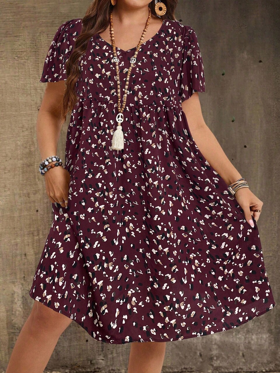 Plus Size V-Neck Short Sleeve Casual Boho Bohemian Dress,Country Vacation Outfits Woman,Summer Tops Formal Wedding Guest Burgundy