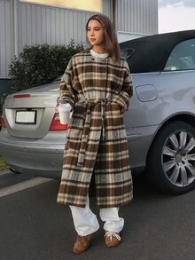 DAZY 女士格子羊毛大衣，宽松版型，长款，系腰，修身，适合万圣节，冬季 - 棕色 - 查看 3