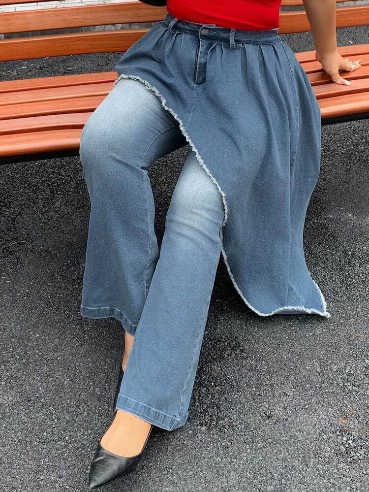Dazy Plus Asymmetrical Hem Skirt, 2 In 1 Design, Fitted Flare Pants, Long Denim, Plus Size Women Women Jeans