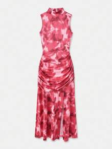 lacRébo Abstract Print Pink Floral Fitted Sleeveless Midi Dress With Gathered Seam Detail Date Night Dress Going Out Dress Autumn Dress Autumn Winter