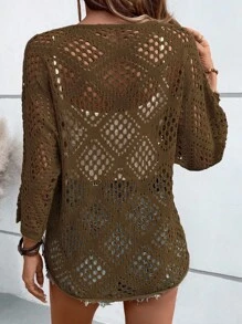 EMERY ROSE Hollow Out Casual Solid Color Loose Long Sleeve Women Sweater Crochet Cover Up Knit Tops Boho Tops For Women Crochet Tops For Women Summer Tops - Coffee Brown - View 2