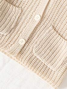 SHEIN Vintaside Kids 1 قطعة كارديجان للبنات، بأسلوب بسيط، لون موحد، ياقة على شكل حرف V، صدر واحد، جيوب مزدوجة متماثلة، أكمام مكشكشة فريدة، كارديجان محبوك أبيض مجوف، ملابس علوية متعددة الاستخدامات، مناسبة للخروجات، الربيع والخريف - لون مشمشي - مشاهدة 6