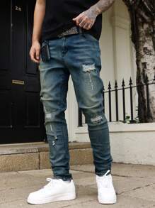 Manfinity Homme Men's Pocket Distressed Skinny Casual Versatile Jeans Ripped Jeans Men Boyfriend & Husband Stretch Washed Blue Slim-Fit For Going Out - Medium Wash - View 3