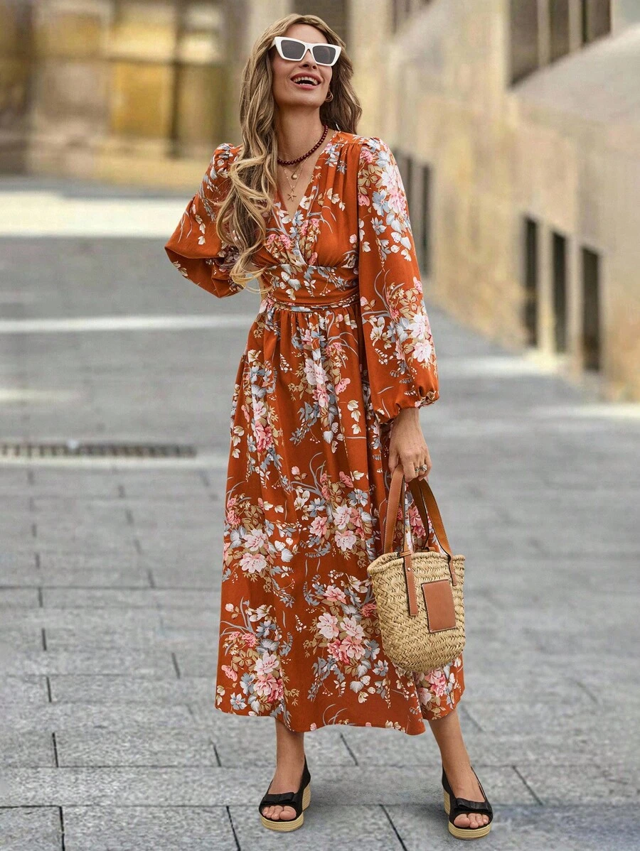 女士优雅长袖开衩灯笼袖连衣裙，秋季 - 咖啡棕 - 查看 1