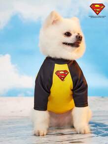 SUPERMAN X PETSIN 1pc Distressed Vintage Style Graphic Print Contrast Color Raglan Sleeve Pet Dog Cat Crew Neck Comfortable T-Shirt