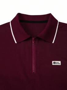 Manfinity Mode 男式纹理面料拉链门襟罗纹领短袖休闲 Polo 衫 - 酒紅色 - 查看 4