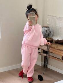 SHEIN 3pcs/Set Young Girl Light Pink Sweatshirt,Matching Pants & Striped Shawl,Back-To-School Summer Career Day Cute Round Neck Long Sleeve Outfits - Pink - View 4
