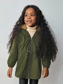 Maija Kids 少女仿皮草衬里长款连帽大衣 - 軍綠色 - 查看 5