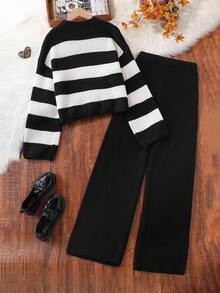 Sparklyn 2 件休闲条纹长袖针织毛衣和高腰宽松裤套装，舒适通勤风格