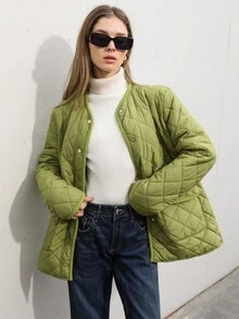Aveloria Modichic Commuting Casual Diamond Pattern Stitched Metal Buckle Waist Belt, Slimming Women's Padded Padded Coat Clothes Winter  - Green - View 7