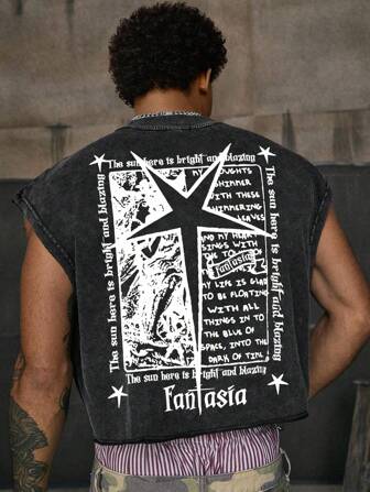 Street Life سترة رجالية فضفاضة بطباعة شعار وكوكب على الأكتاف