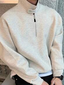 DAZY 男士纯色 Polo 领可调节纽扣套头卫衣，秋冬四分之一拉链款 - 灰色 - 查看 5