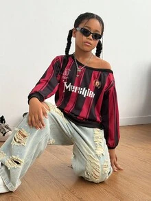 青少年女孩不对称领条纹字母印花长袖套头衫 - 彩色 - 查看 7