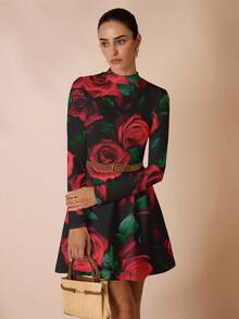 Glamance Maria Clara Maia Red Rose Print Elegant Casual Minimalist Women Long Sleeve Dress, Suitable For Autumn/Winter Red Rose Dress Floral Print Dress - Multicolor - View 4