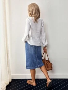 EMERY ROSE 女士純色簡約劈叉牛仔迷你短裙 - 藍色 - 查看 2