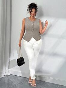 Elenzga Blusa casual de talla grande para mujer, de un solo pecho, de unicolor y acanalada - Albaricoque - Ver 3