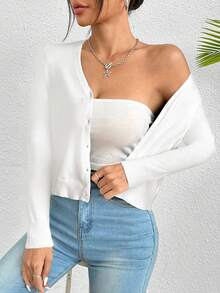 SHEIN PETITE 女款純色長袖單排扣休閒薄針織短版開襟衫 白色 秋冬小碼女款 - 白色 - 查看 3