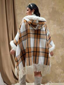 Flirla Cappotto con cappuccio oversize con patchwork a quadri, frange soffici, adatto per l'autunno e l'inverno - Multicolore - Visualizzare 4