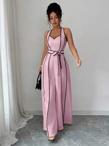 Elenzga Mono elegante y casual para dama de oficina o maestra, con diseño de alta gama, de color blanco con bloques de color negro, estampado digital, cierre de cremallera en la cintura, pantalón de pierna ancha y larga, estilo retro de rayas francesas, escote de halter y cuello en V. - Rosa - Ver 6