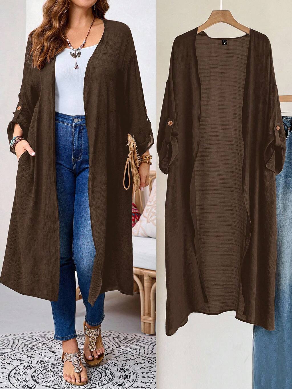Plus Size Women's Fashion Casual Cuffed Sleeve Open Front Long Cardigan,Fall Clothes For Women Winter Autumn