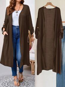 EMERY ROSE Plus Size Women's Fashion Casual Cuffed Sleeve Open Front Long Cardigan,Fall Clothes For Women Winter Autumn - Brown - View 1