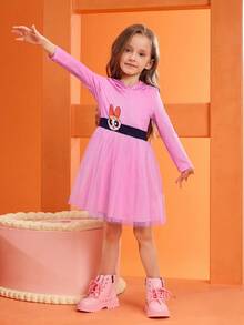 THE POWERPUFF GIRLS X SHEIN Young Girl Blossom Pattern Cute 3D Shaped Hooded Long Sleeve Mesh Costume Dress, Pink Fall Winter - Multicolor - View 3