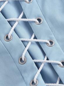 SHEIN MOD Màu Xanh Và Trắng Tay Phồng Vuông Cổ Trước Silicon Tự Buộc Trang Trí Mỏng Cao-Thấp Viền Xếp Ly Midi đầm Dành Cho Nữ - Xanh và trắng - Xem 4