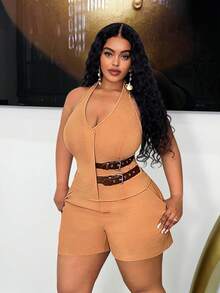 Slaydiva Veslaya Plus Size Women Halter Neck Low-Cut Vest & Shorts 2pcs Suit,Black And White,Summer,Classy,Night Out Club Two Piece Matching Curvy Outfit Set - Khaki - View 1