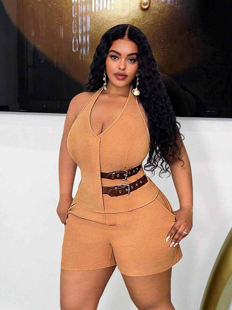 Slaydiva Veslaya Plus Size Women Halter Neck Low-Cut Vest & Shorts 2pcs Suit,Black And White,Summer,Classy,Night Out Club Two Piece Matching Curvy Outfit Set - Khaki - View 1
