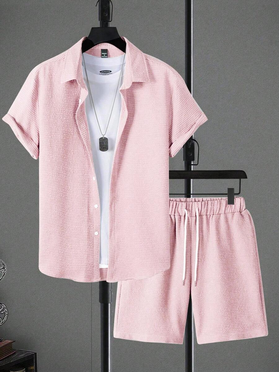 OTTIMOZO 2pcs Men's Casual Shirt And Drawstring Shorts Set Men 2 Pieces Summer Set Men Co-Ord Set - Baby Pink - View 1